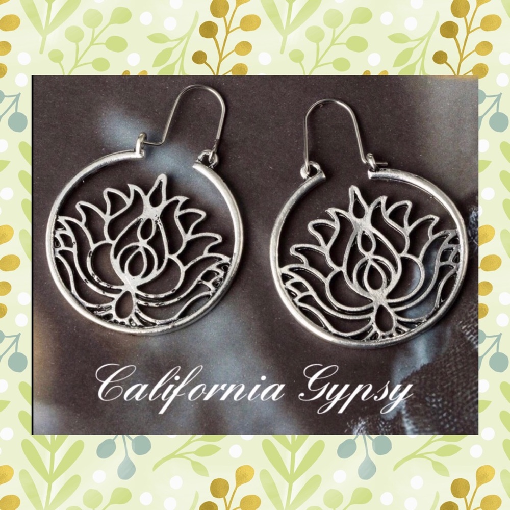 Lotus Boho hippie silver hoop earrings🎋 - Picture 3 of 7